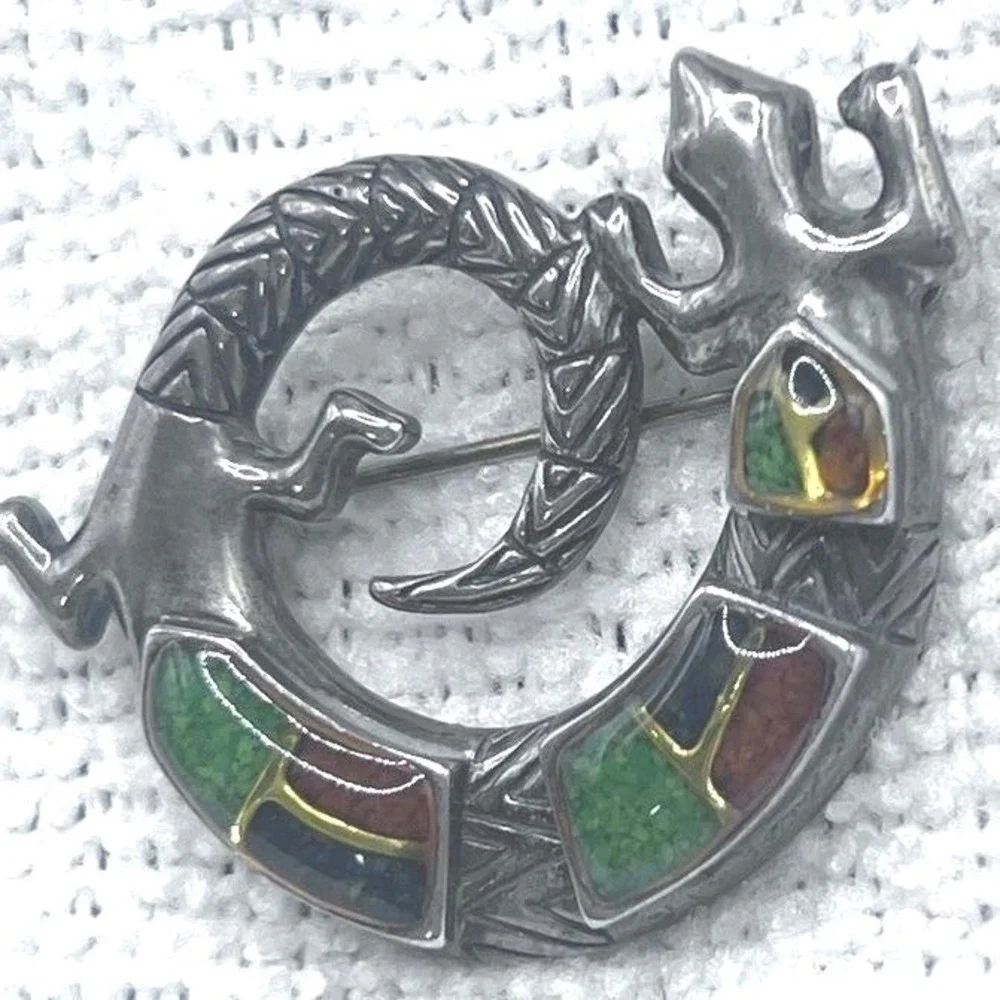 Carolyn Pollack Sterling‎ Silver Brooch Salamander Gecko Lizard Multi Stones 13g